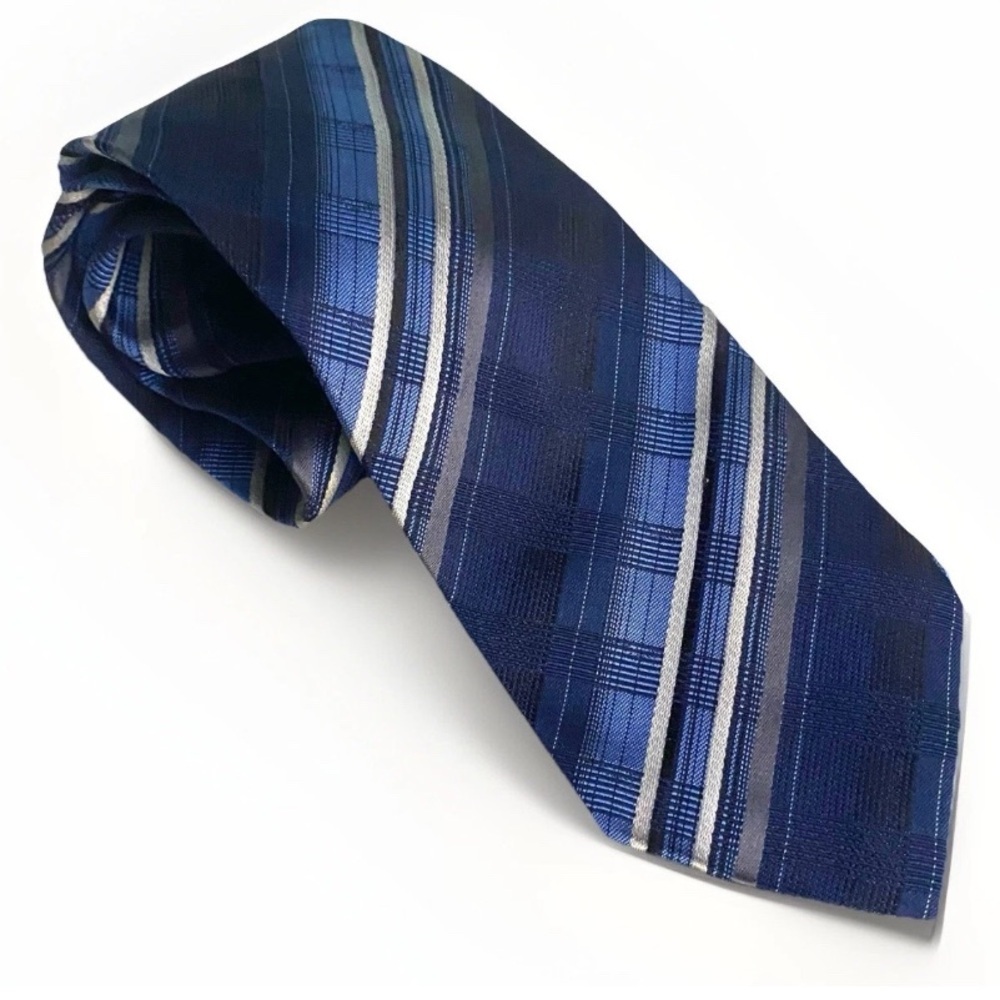 Joseph & Feiss International Blue/black/silver Stripe 100% Silk Tie‎ NWT